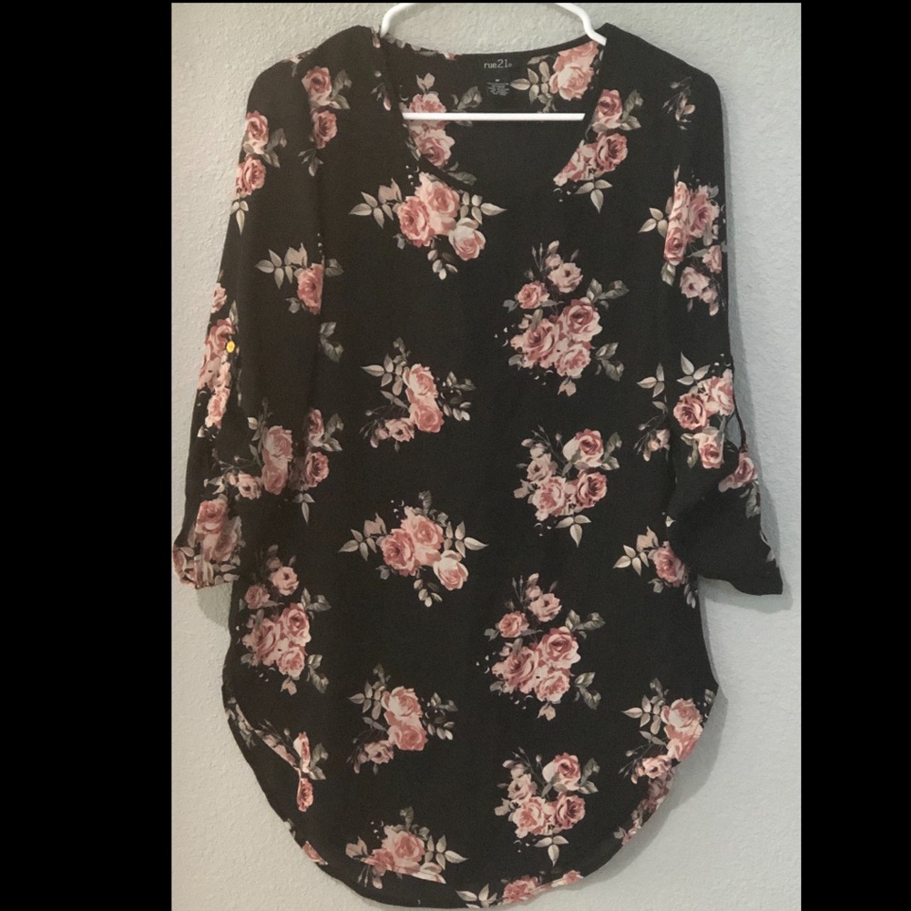 Juniors Rolled Sleeves Floral Tunic Top Size M